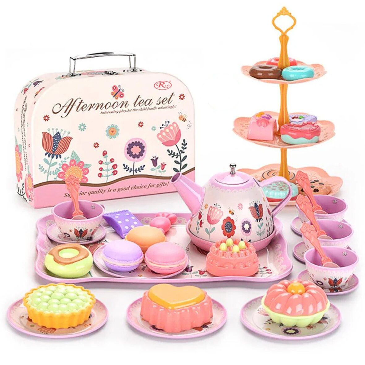 Set de Ceai Pentru Copii 45 Piese din Plastic/Metal Cutie cu Maner Pentru Depozitare si Transport