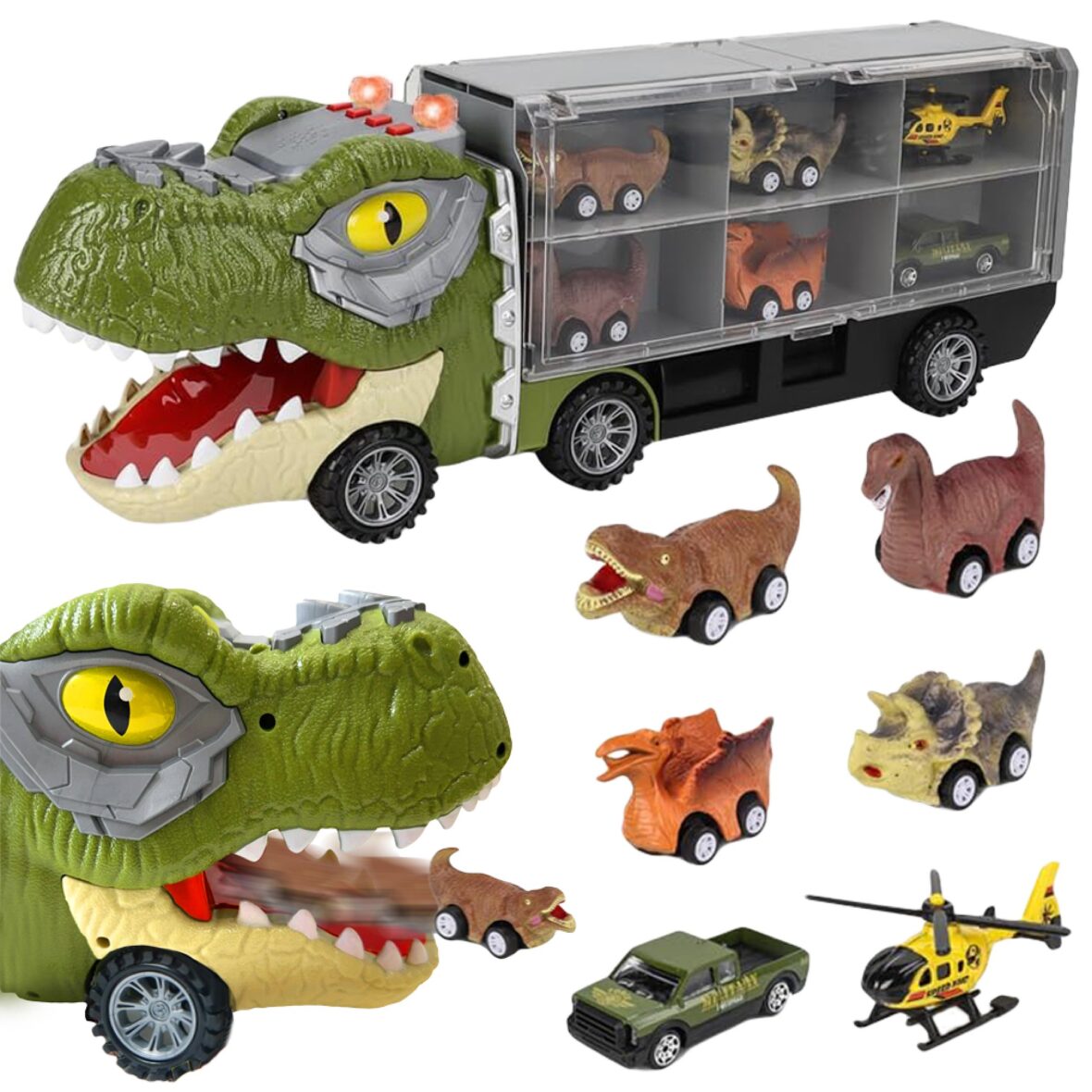 Set 7 in 1 Camion Rabatabil Cap T-Rex-Trailer de Jucarie pentru Misiuni de Salvare a Dinozaurilor cu Lumini Sunete si Detalii Realistice