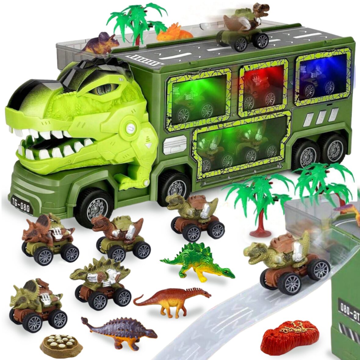 Camion cu 15 Piese Rabatabil Cap T-Rex-Trailer de Jucarie pentru Misiuni de Salvare a Dinozaurilor cu Lumini Sunete si Detalii Realistice