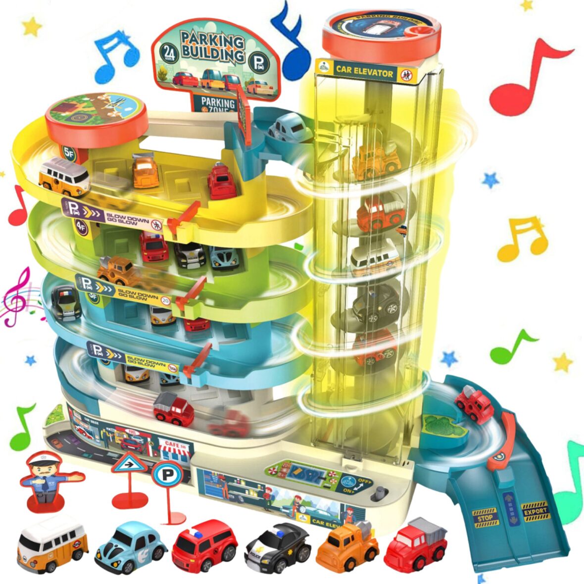 Set Parcare Interactiva cu 6 Mini Masinute Lift Automat si Piste Spirale