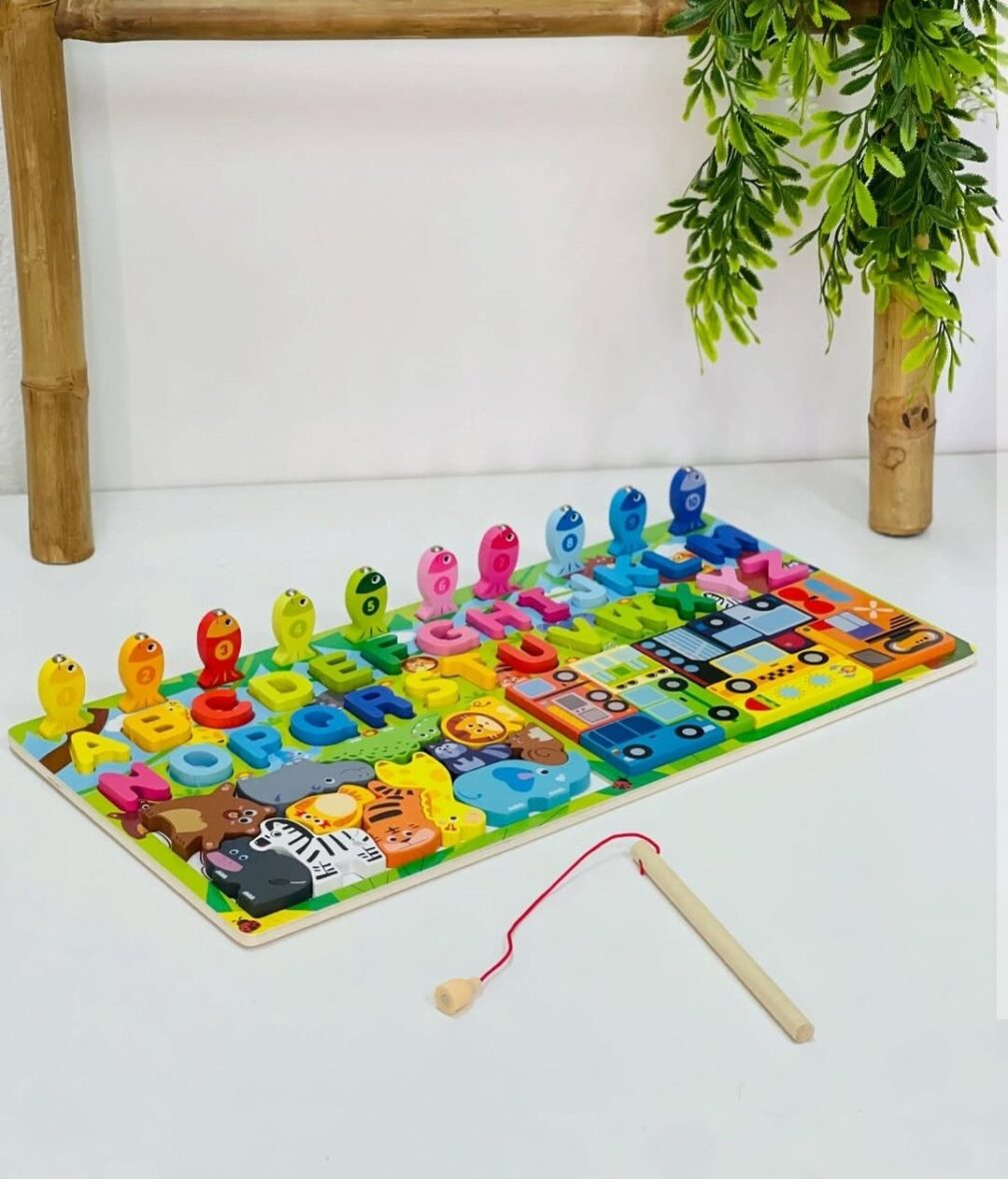 Joc Logaritmic 4 in 1 din Lemn cu Alfabet Tetris Animale Pescuit Magnetic Joc de Echilibru cu Animale
