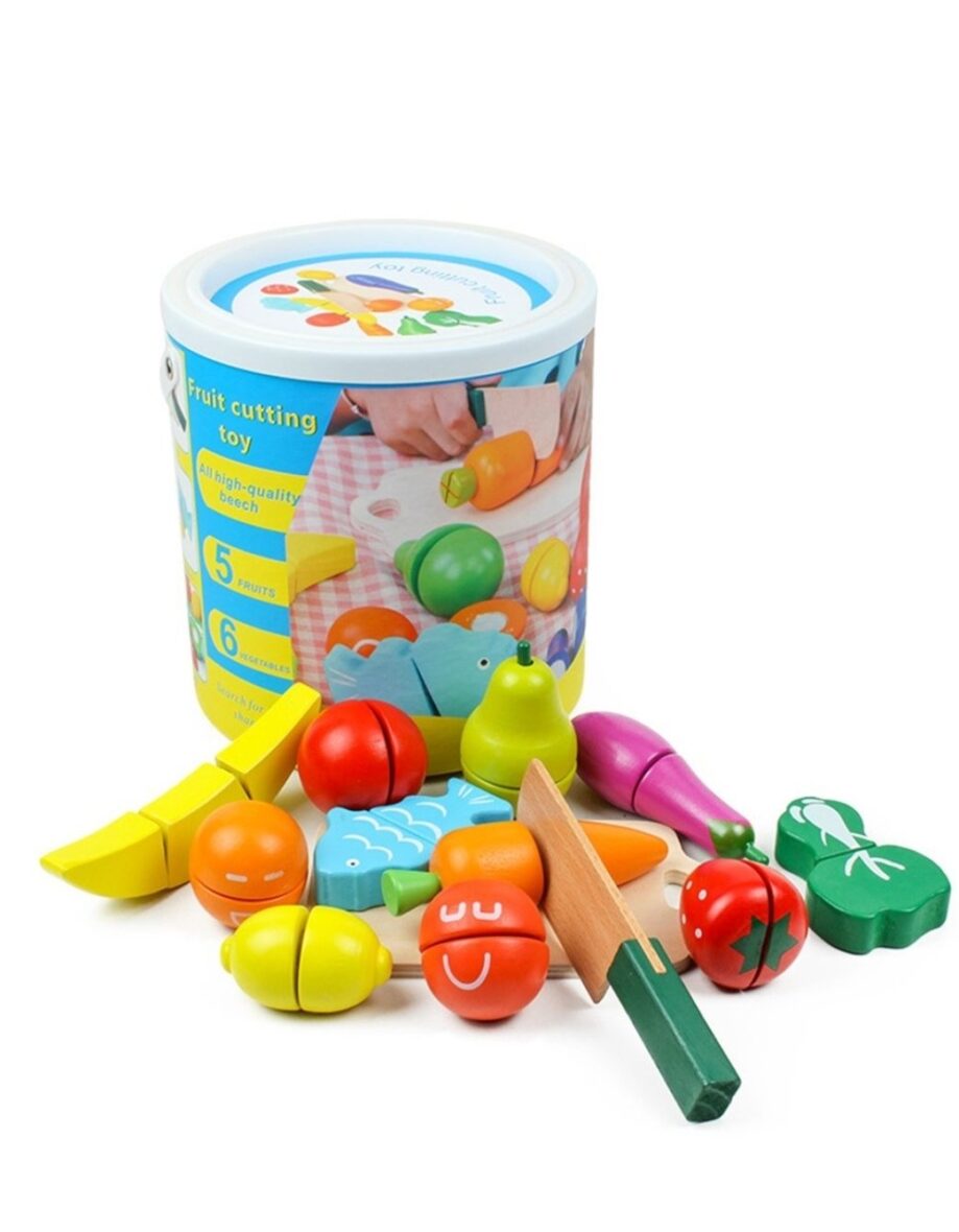 Galetusa cu Fructe si Legume din Lemn de Feliat 12 Piese