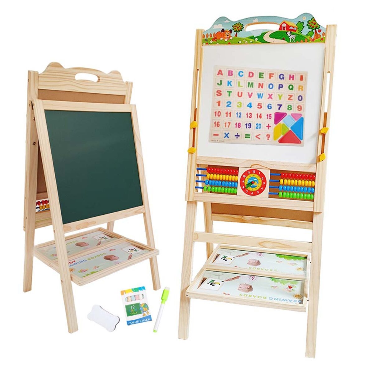 Tabla de Scris din Lemn Magnetica cu 2 Fete Ceas Abac si Accesorii