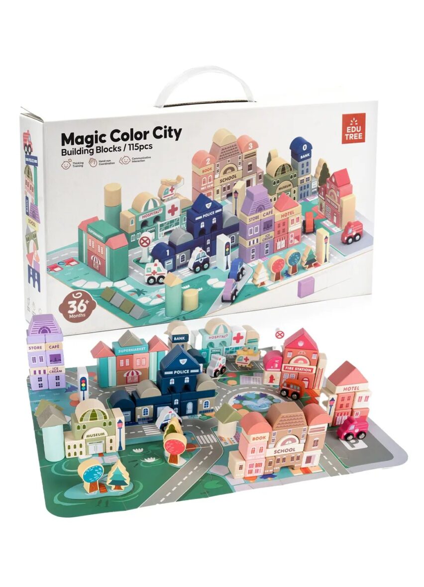 Set Cuburi de Construit din Lemn – Orasel cu 115 Piese