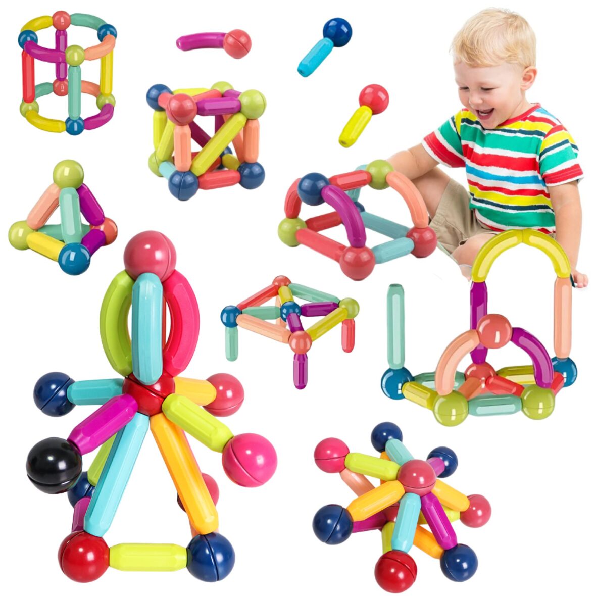 Set de Constructie Magnetica  STEM 64 Piese Bile si Tije 2D & 3D